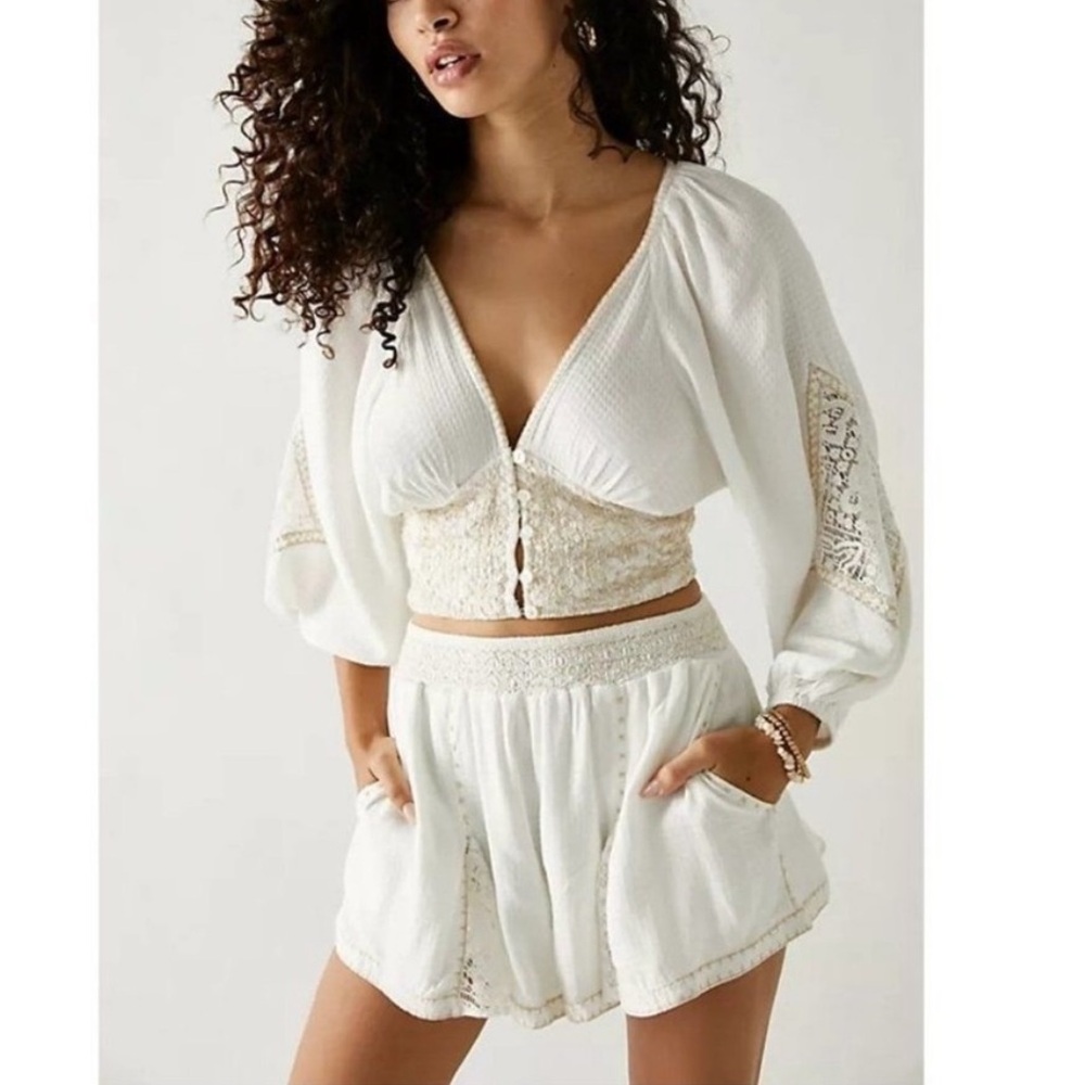 Free People Southwest Crochet Cut Out Silky Flowy Crop High Rise Boho Short Set